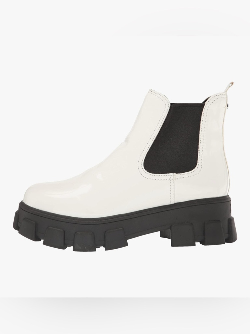 Sam Edelman White Patent Chelsea Lug Boot with Black Elastic